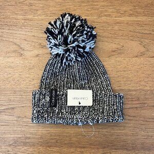 Calvin Klein Black/White Chunky Marled Pom Pom Hat NWT Ribbed Knit Beanie
